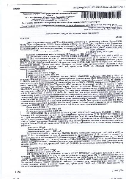 Транспортное средство Ssang Yong New Actyon, 2012 года выпуска, цвет - черный, государственный номер О828ТХ46, идентификационный номер (VIN) Z8UA0B1SSC0020389, номер кузова (прицепа) Z8UA0B1SSC0020389, номер двигателя 02541653 (имущество обременено: арест, запрет на совершение регистрационных действий). Должник – Беляев Д.И.